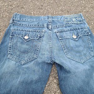 True Religion men's size 36 x 32 blue jeans HOLES AT BACK POCKETS mens